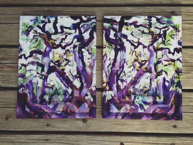 Purple Oil Paintings on wood panels in symmetry